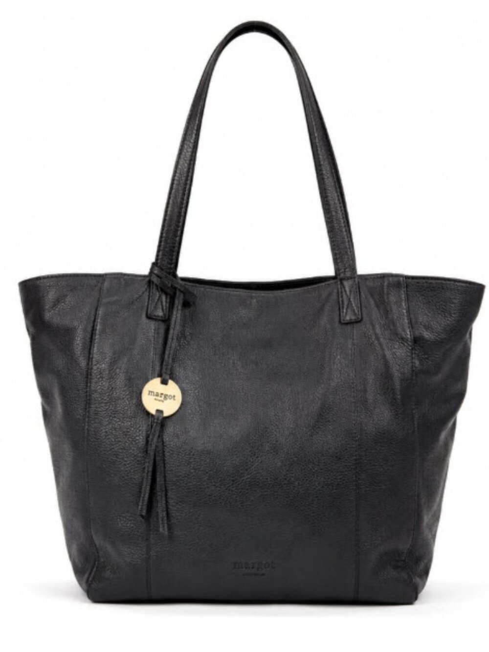 margot black leather tote with cream interior lining